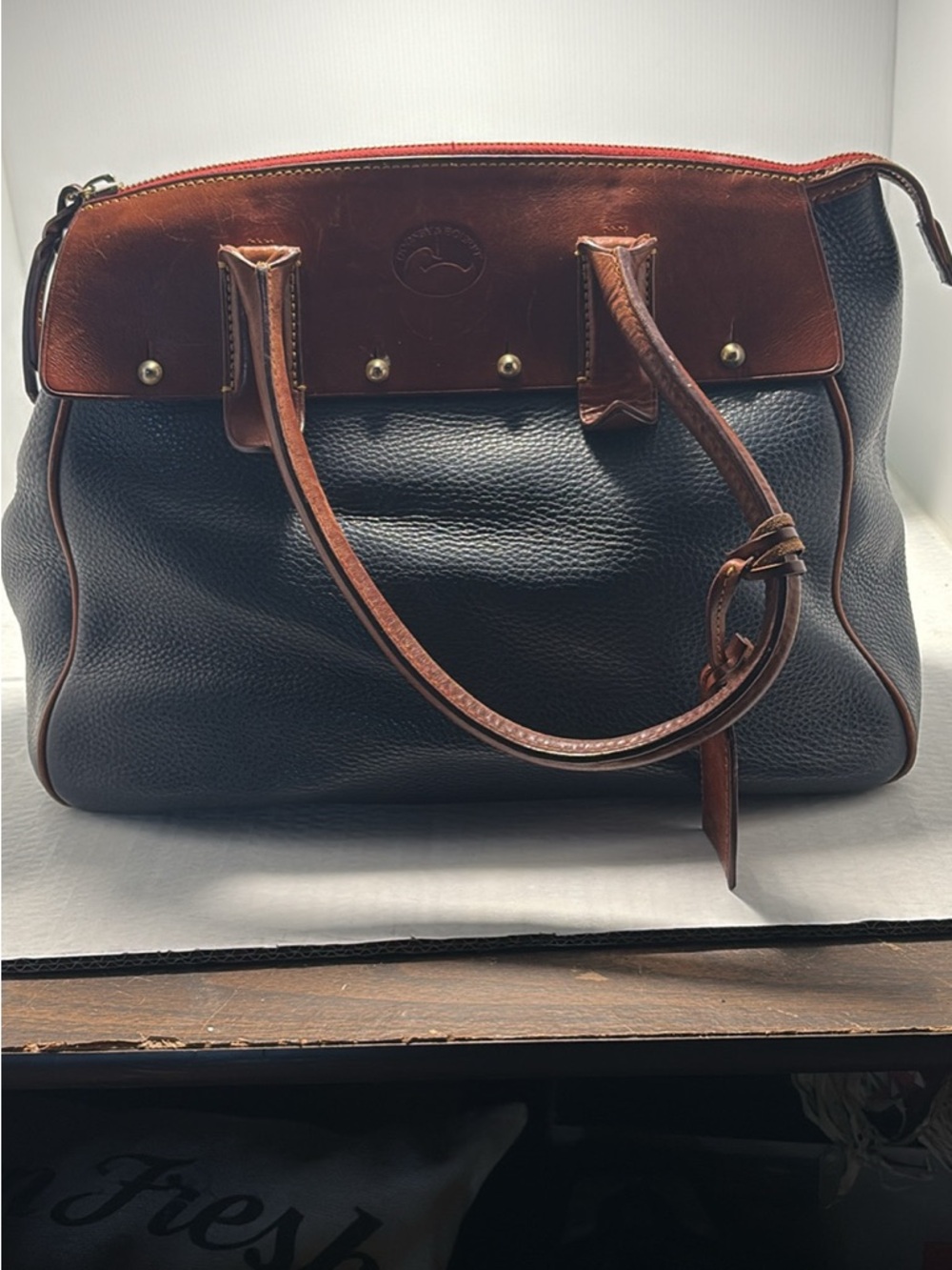 Dooney & Bourke Navy Leather Satchel with Brown Trim